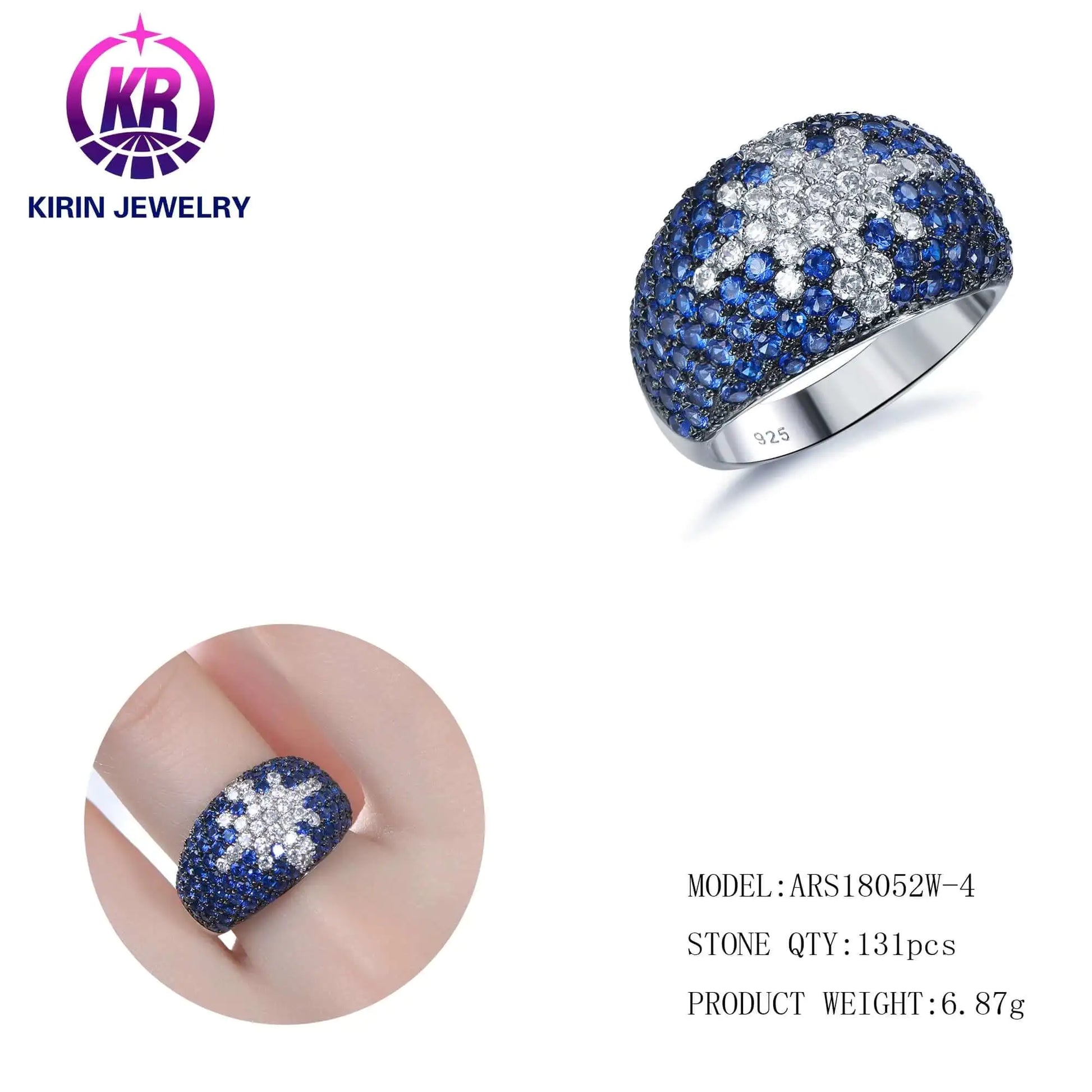 Wholesale Silver Pave Blue Spinel & CZ Statement Wide Band Engagement Rings for Women