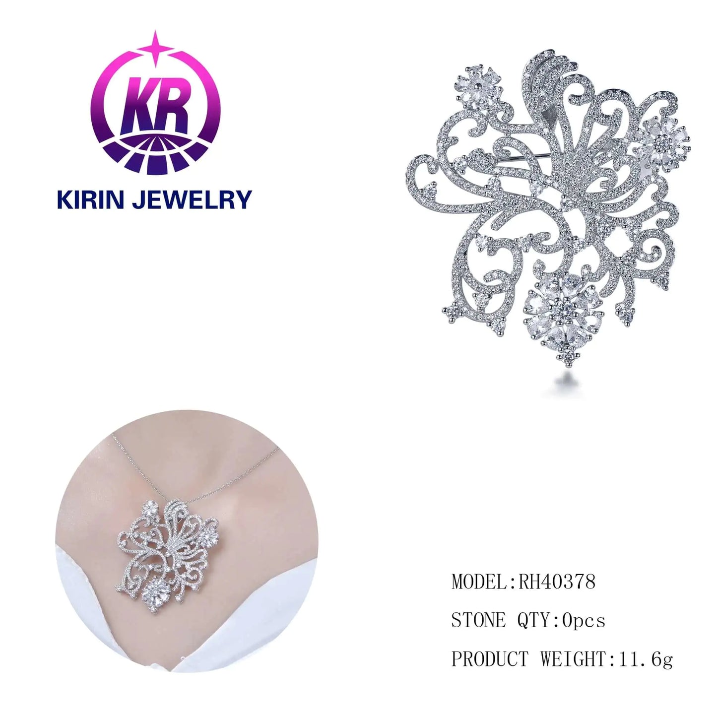 Wholesale Silver Pave Cubic Zirconia Statement Twisted Vines Flower Brooch Pin for Women
