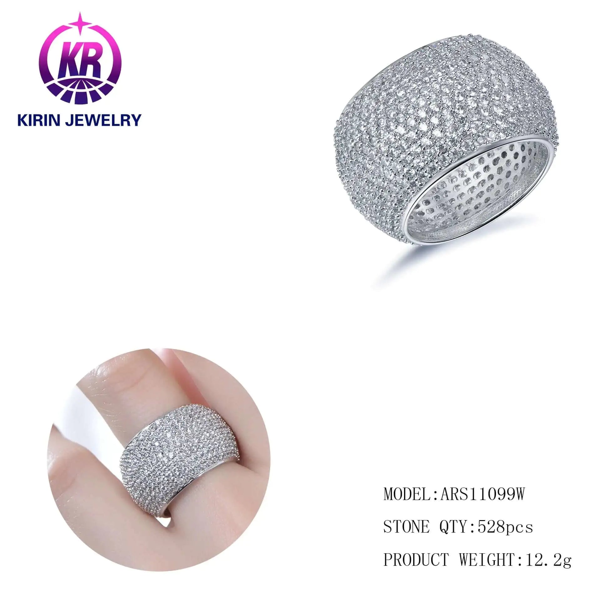 Wholesale Silver Pave Round Cut CZ Eternity Wide Band Diamond Engagement Rings for Women