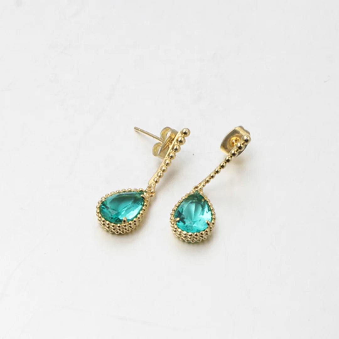 Wholesale Silver Pear Glass Lab Created Emerald Earrings Simple Bridal Jewelry Set