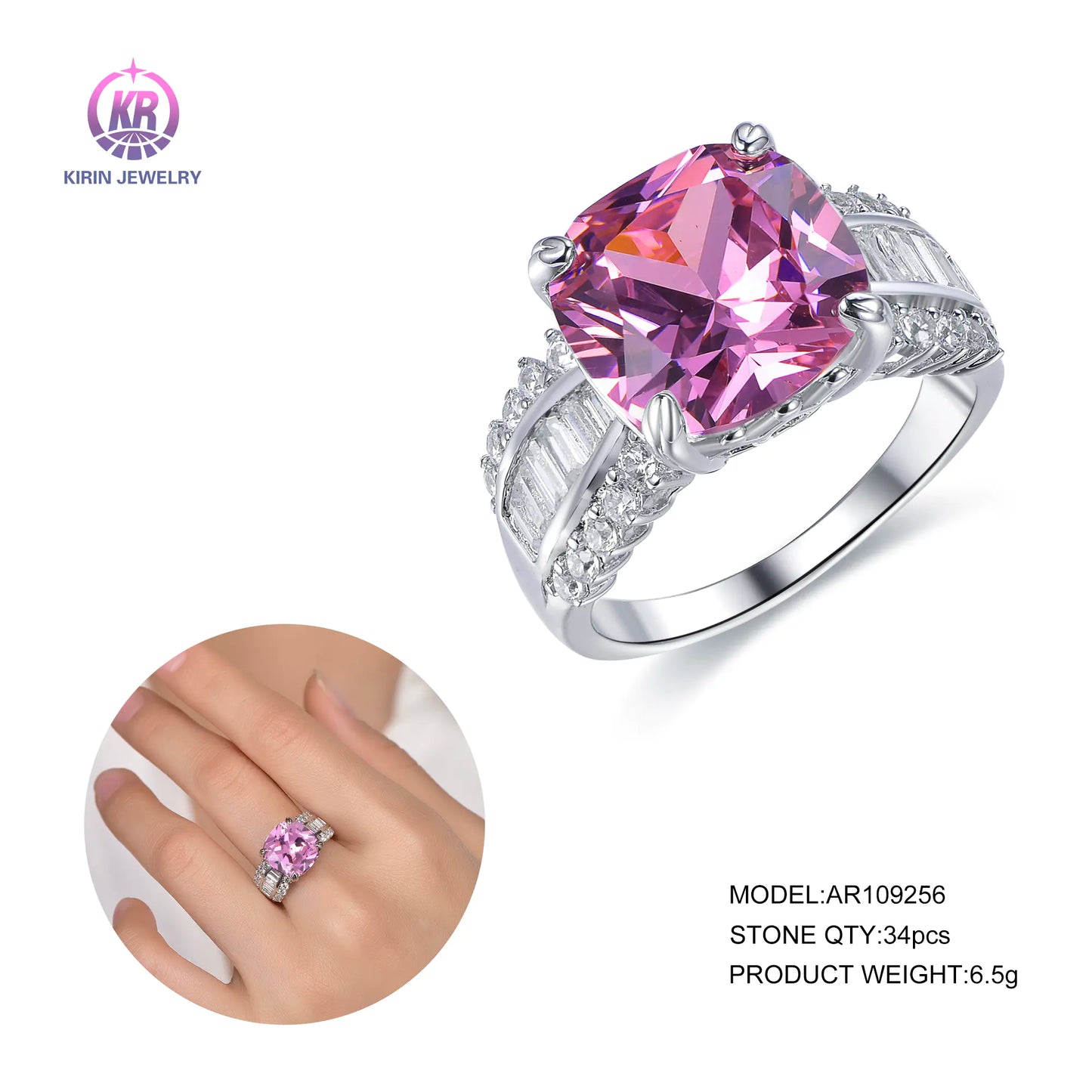 Wholesale Silver Pink Cubic Zirconia Cushion Cut Diamond Engagement Rings for Women
