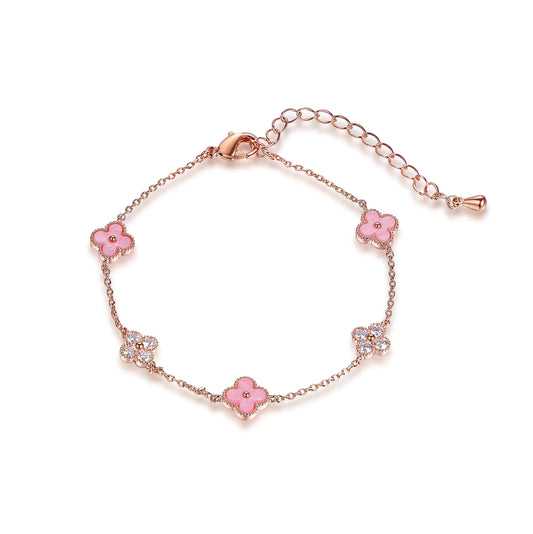 Wholesale Silver Rose Gold Plated Agate & CZ Four Leaf Lucky Clover Bracelet