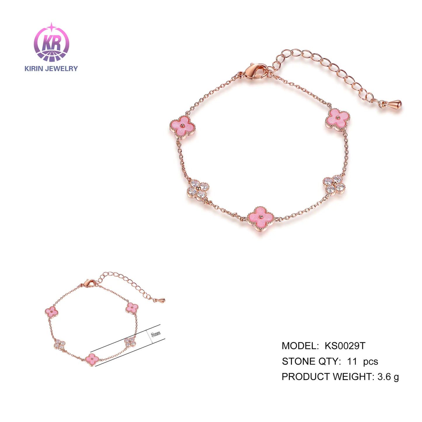 Wholesale Silver Rose Gold Plated Agate & CZ Four Leaf Lucky Clover Bracelet for Women