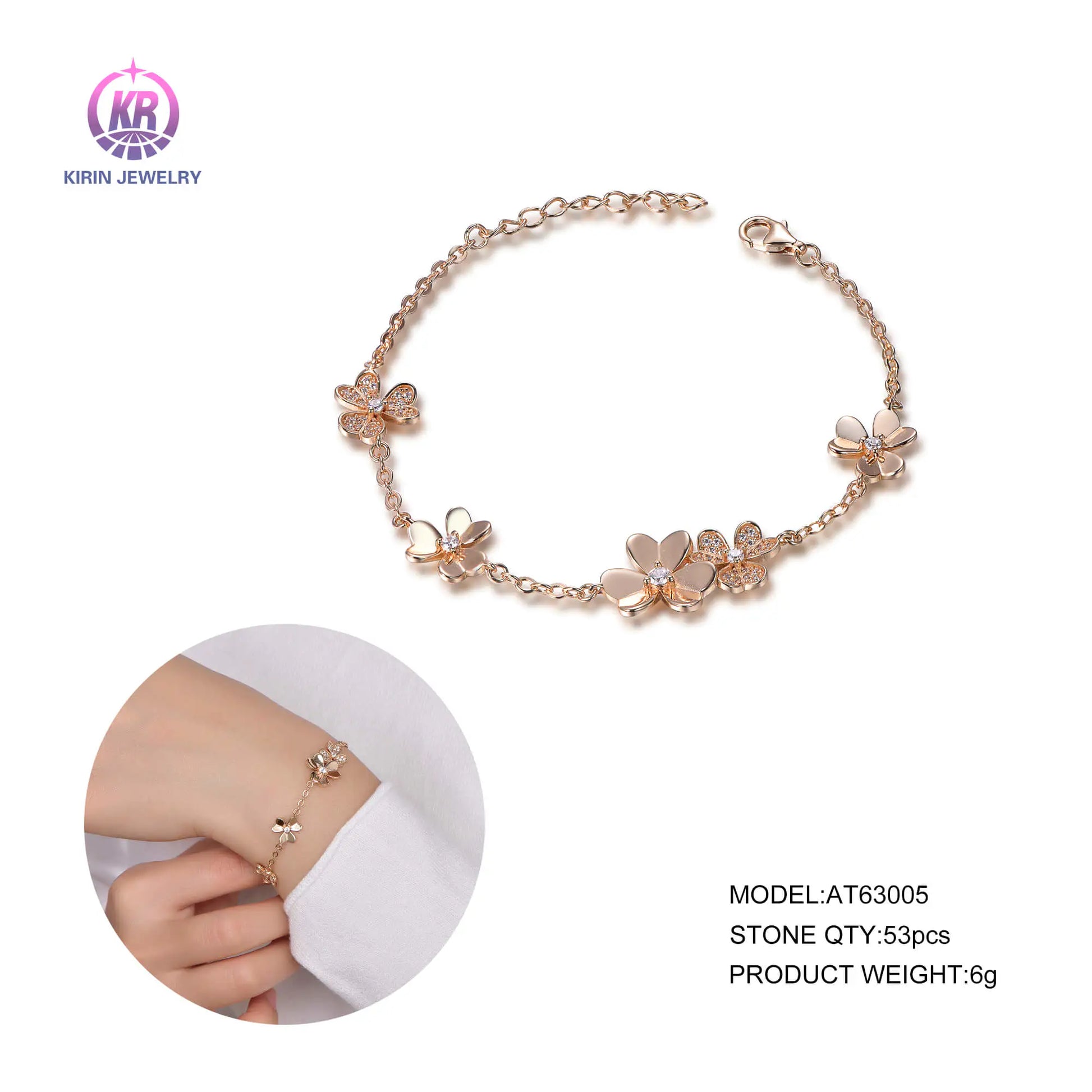 Wholesale Silver Rose Gold Plated CZ Adjustable Flower Chain Bracelet​ for Women
