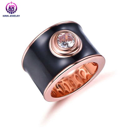 Wholesale Silver Rose Gold Plated CZ Black Enamel Chunky Wide Engagement Rings