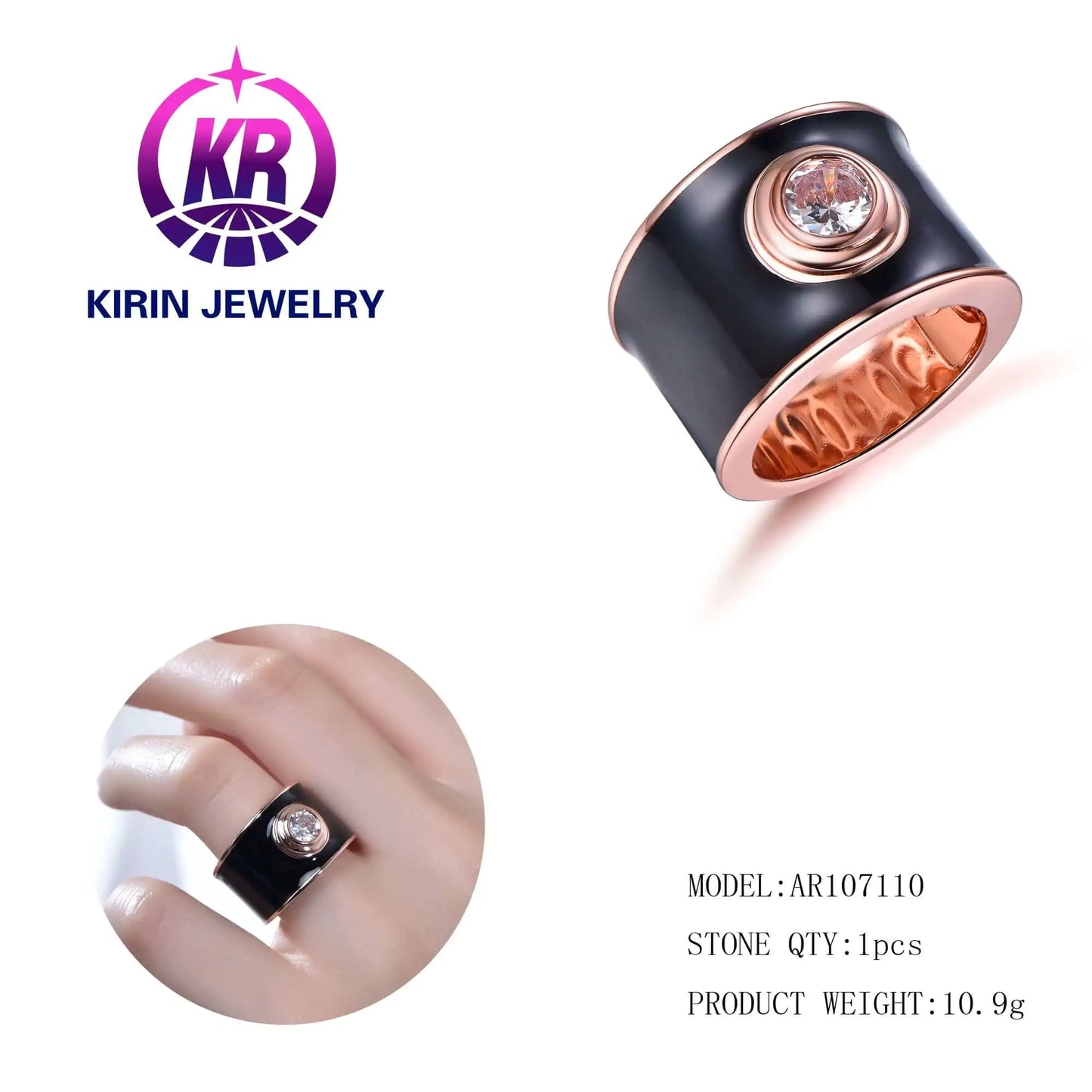Wholesale Silver Rose Gold Plated CZ Black Enamel Chunky Wide Engagement Rings for Women
