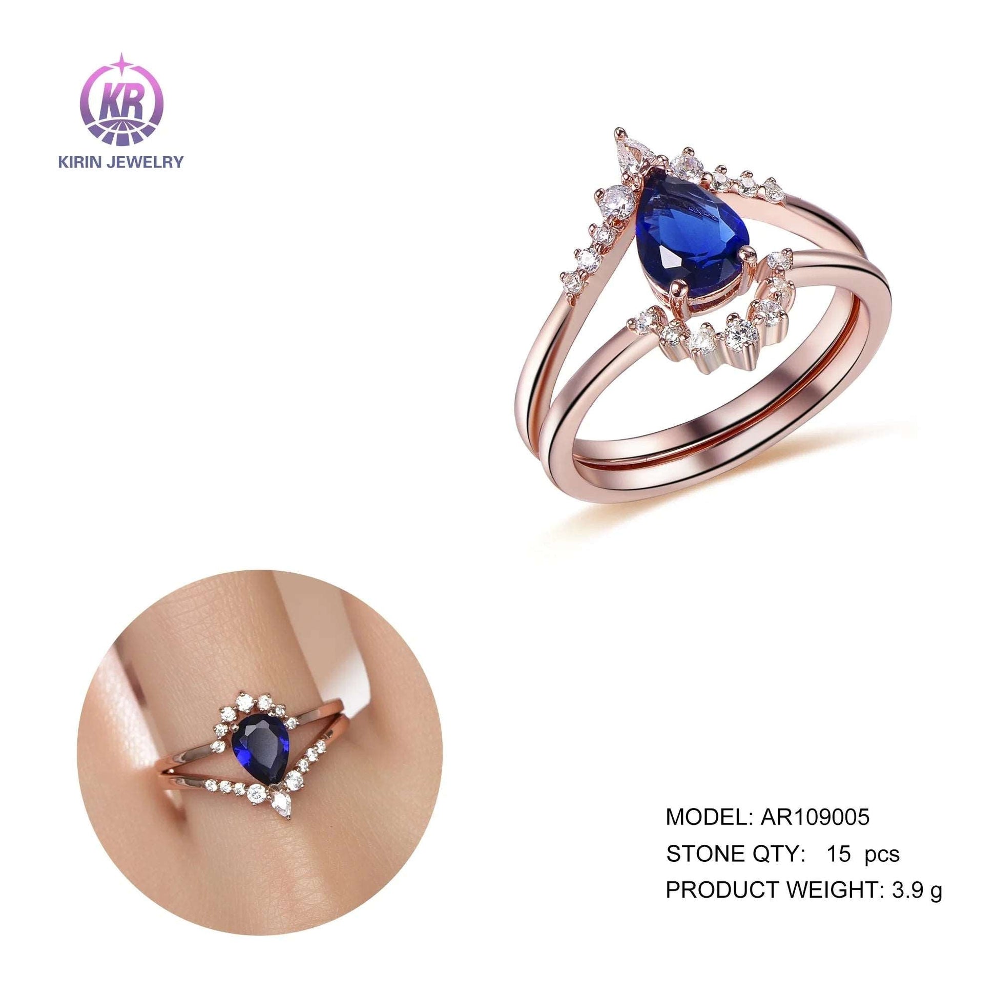 Wholesale Silver Rose Gold Plated CZ Curved Contour Pear Vintage Sapphire Engagement Rings for Women