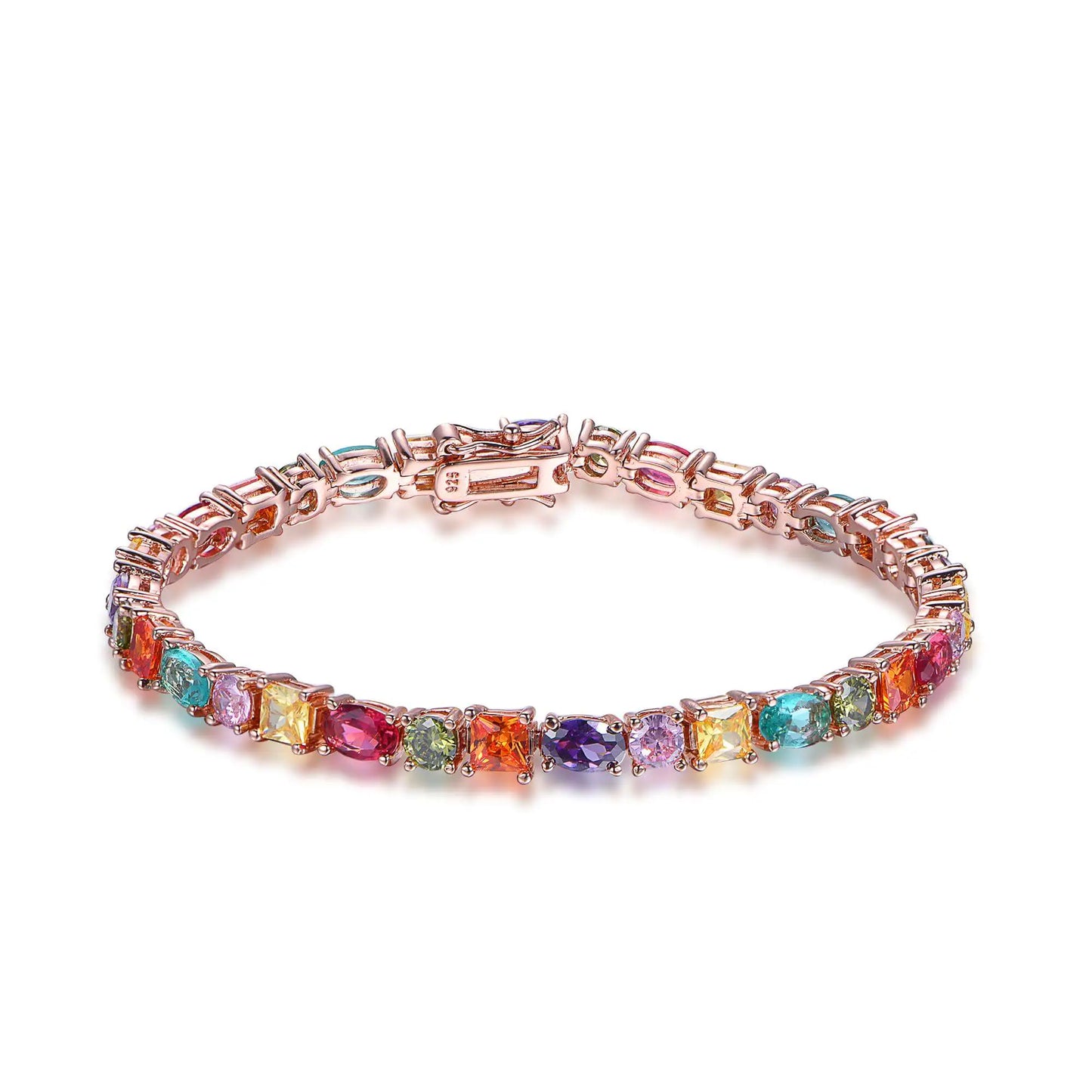 Wholesale Silver Rose Gold Plated CZ & Glass Mixed Cut Multi Gem Tennis Bracelet