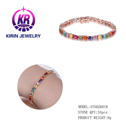 Wholesale Silver Rose Gold Plated CZ & Glass Mixed Cut Multi Gem Tennis Bracelet for Women