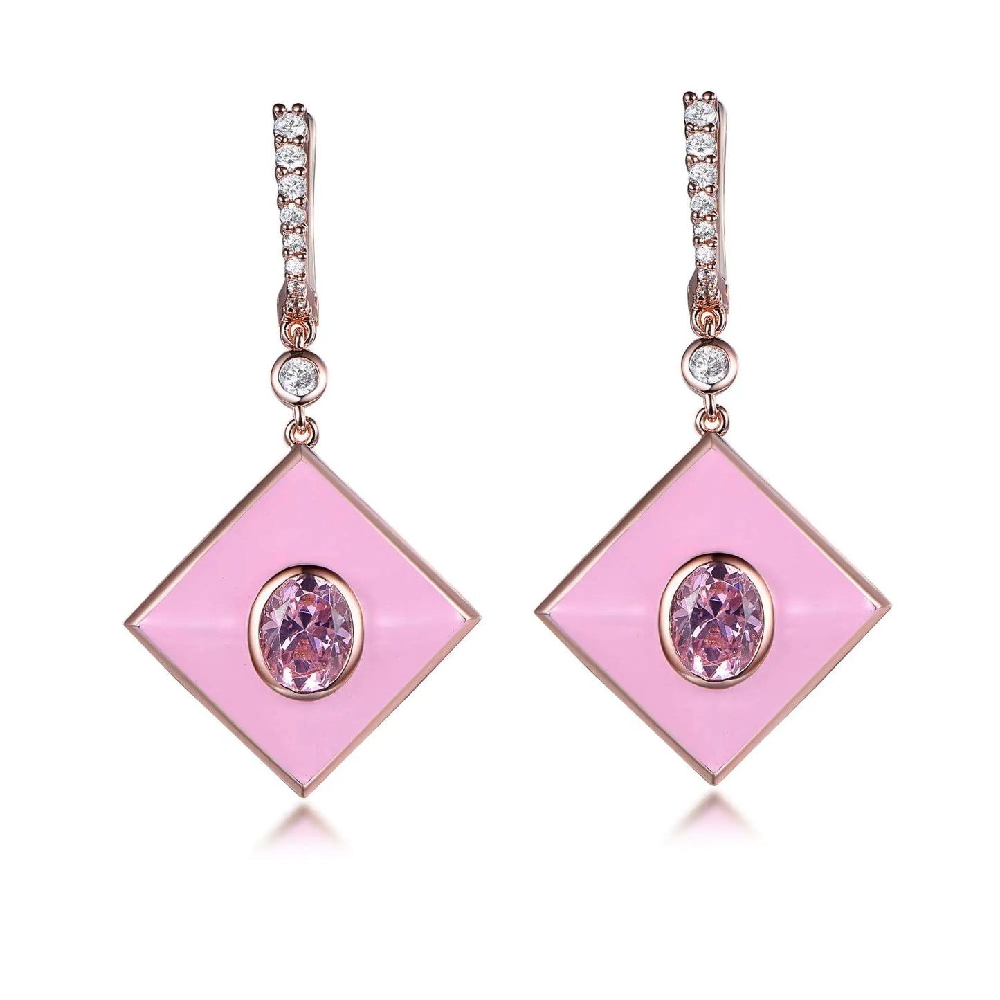 Wholesale Silver Rose Gold Plated CZ & Pink Enamel Dangle Square Earrings