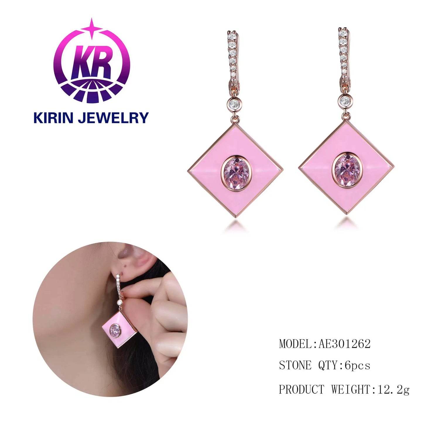 Wholesale Silver Rose Gold Plated CZ & Pink Enamel Dangle Square Earrings for Women
