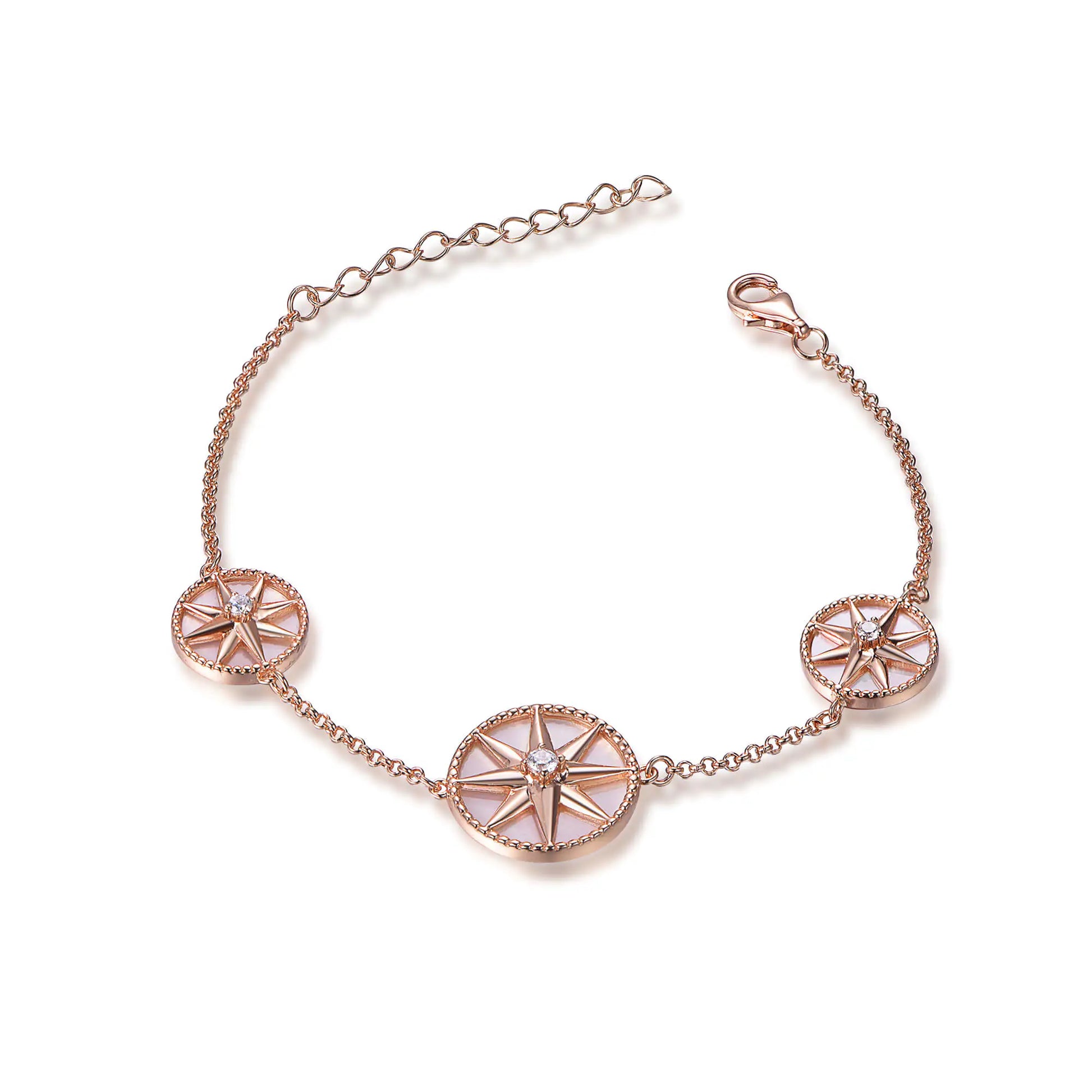 Wholesale Silver Rose Gold Plated CZ & Shell Pearl Eight-Pointed Star Compass Bracelet