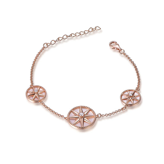 Wholesale Silver Rose Gold Plated CZ & Shell Pearl Eight-Pointed Star Compass Bracelet