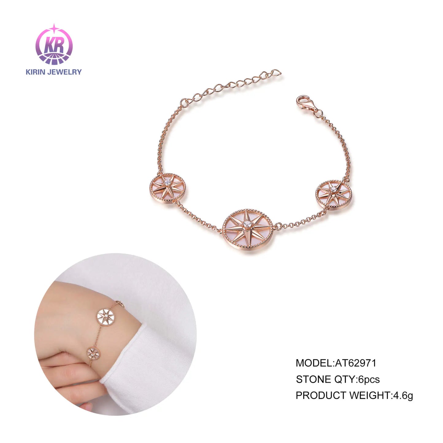 Wholesale Silver Rose Gold Plated CZ & Shell Pearl Eight-Pointed Star Compass Bracelet for Women