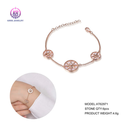 Wholesale Silver Rose Gold Plated CZ & Shell Pearl Eight-Pointed Star Compass Bracelet for Women