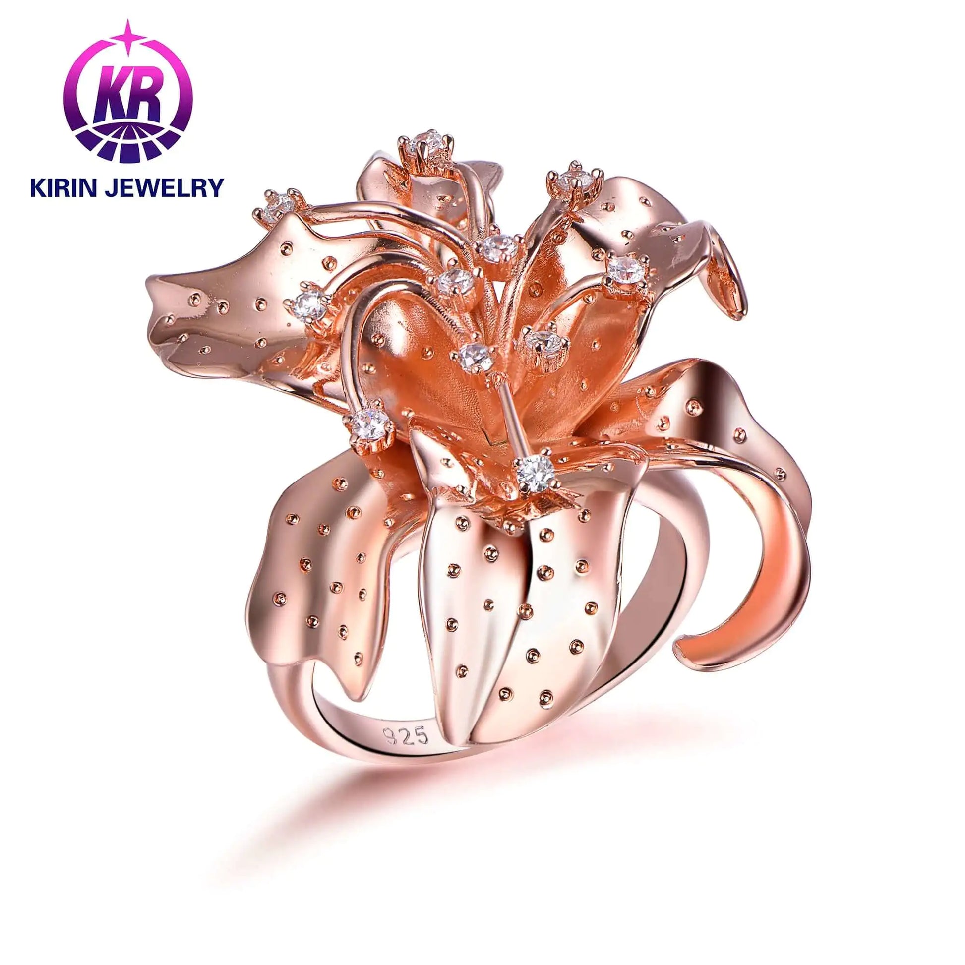 Wholesale Silver Rose Gold Plated CZ Statement Flower Engagement Ring
