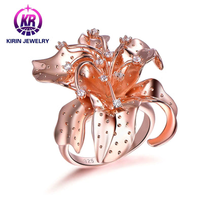Wholesale Silver Rose Gold Plated CZ Statement Flower Engagement Ring