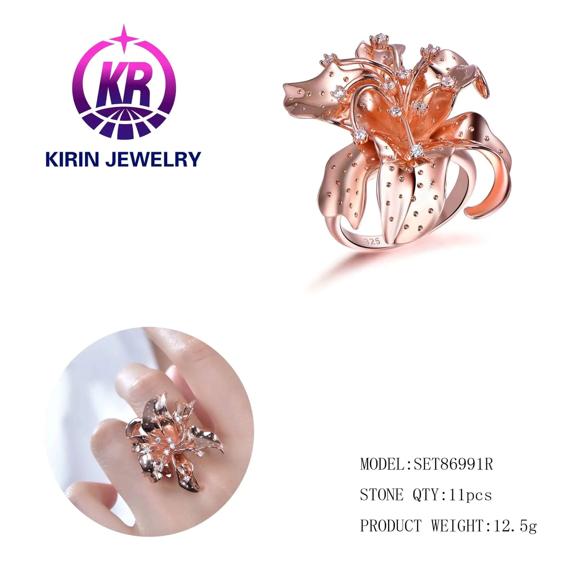 Wholesale Silver Rose Gold Plated CZ Statement Flower Engagement Ring for Women