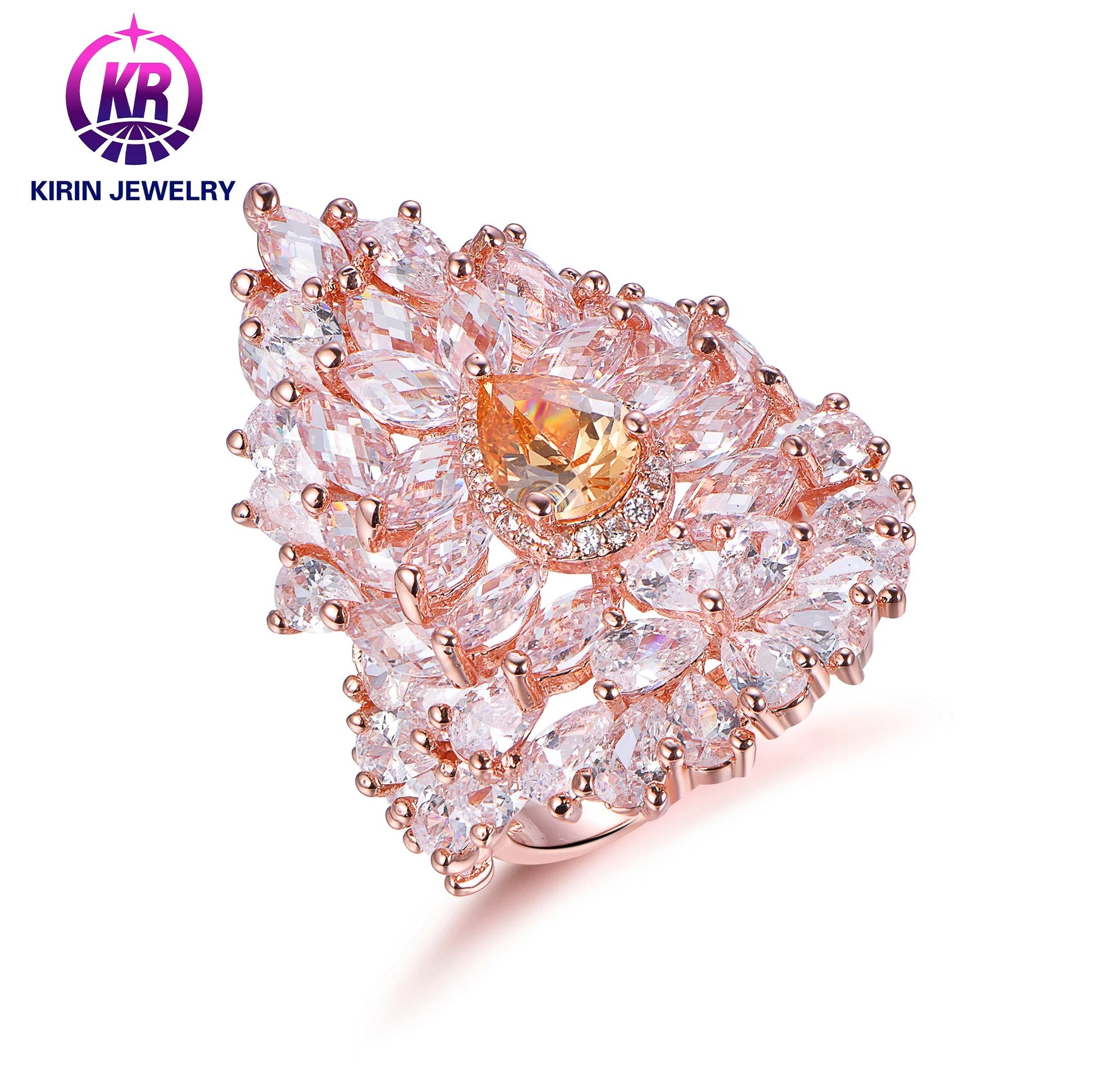 Wholesale Silver Rose Gold Plated CZ and Glass Statement Cocktail Flower Engagement Ring