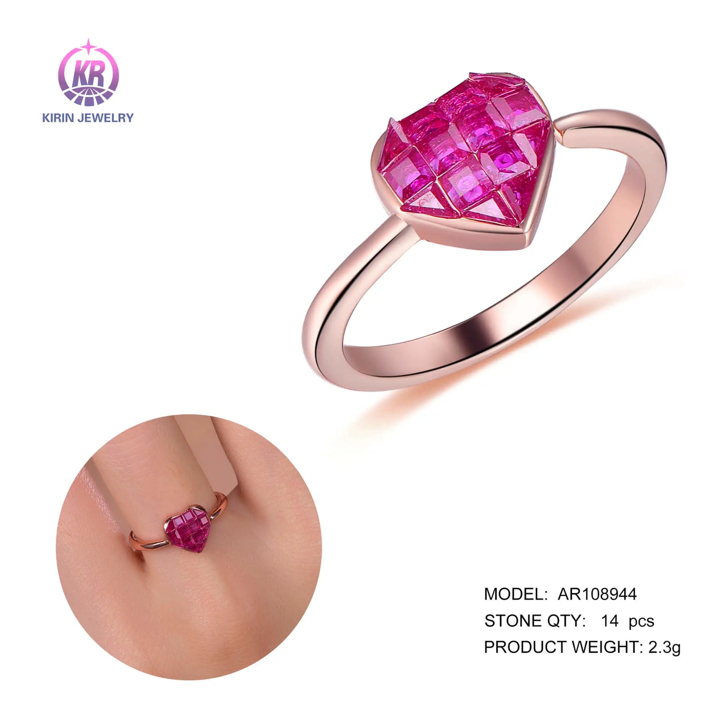 Wholesale Silver Rose Gold Plated Corundum Lab Created Heart Shaped Ruby Ring for Women