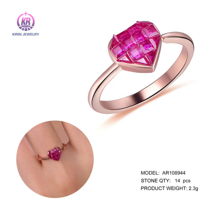 Wholesale Silver Rose Gold Plated Corundum Lab Created Heart Shaped Ruby Ring for Women
