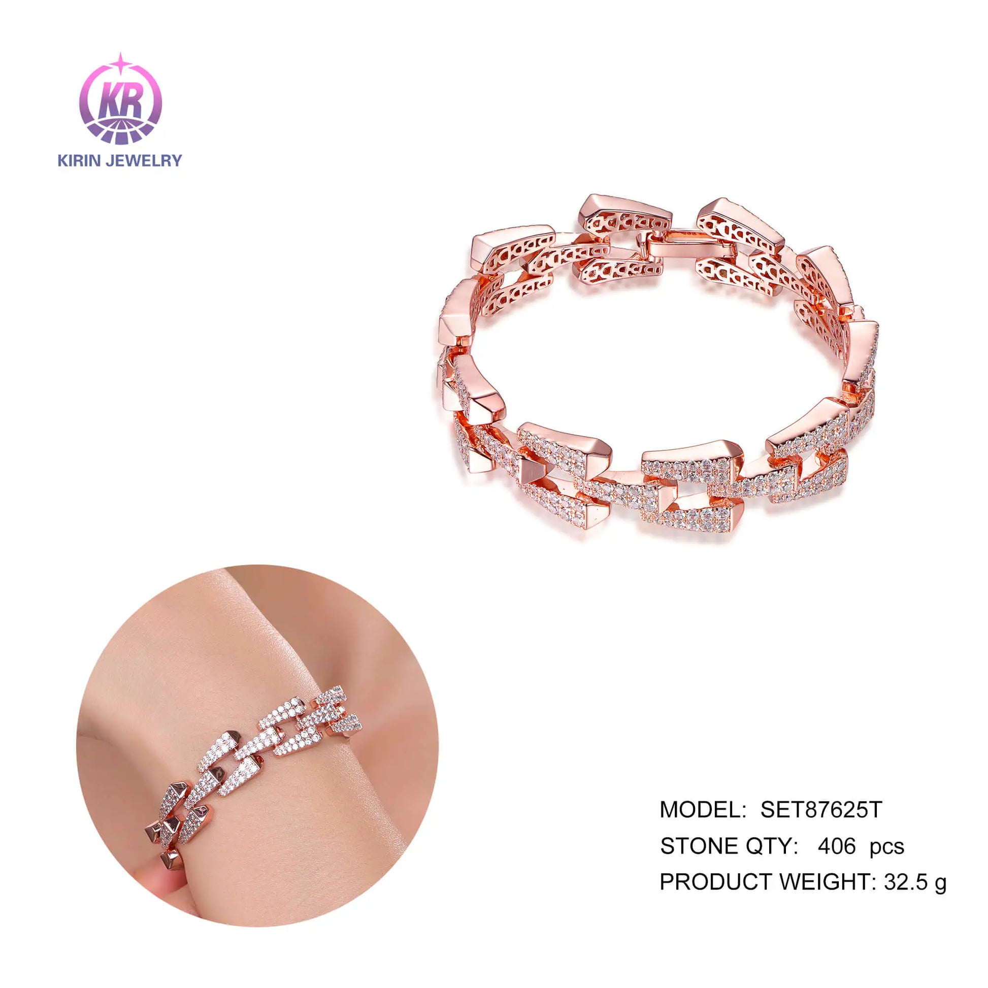 Wholesale Silver Rose Gold Plated Cubic Zircon Chain Design Bracelet for Women