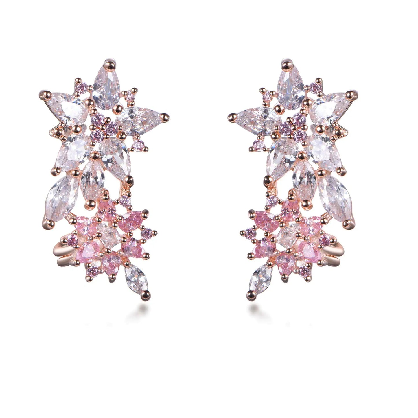 Wholesale Silver Rose Gold Plated Cubic Zircon Climber Leaf Flower Earrings