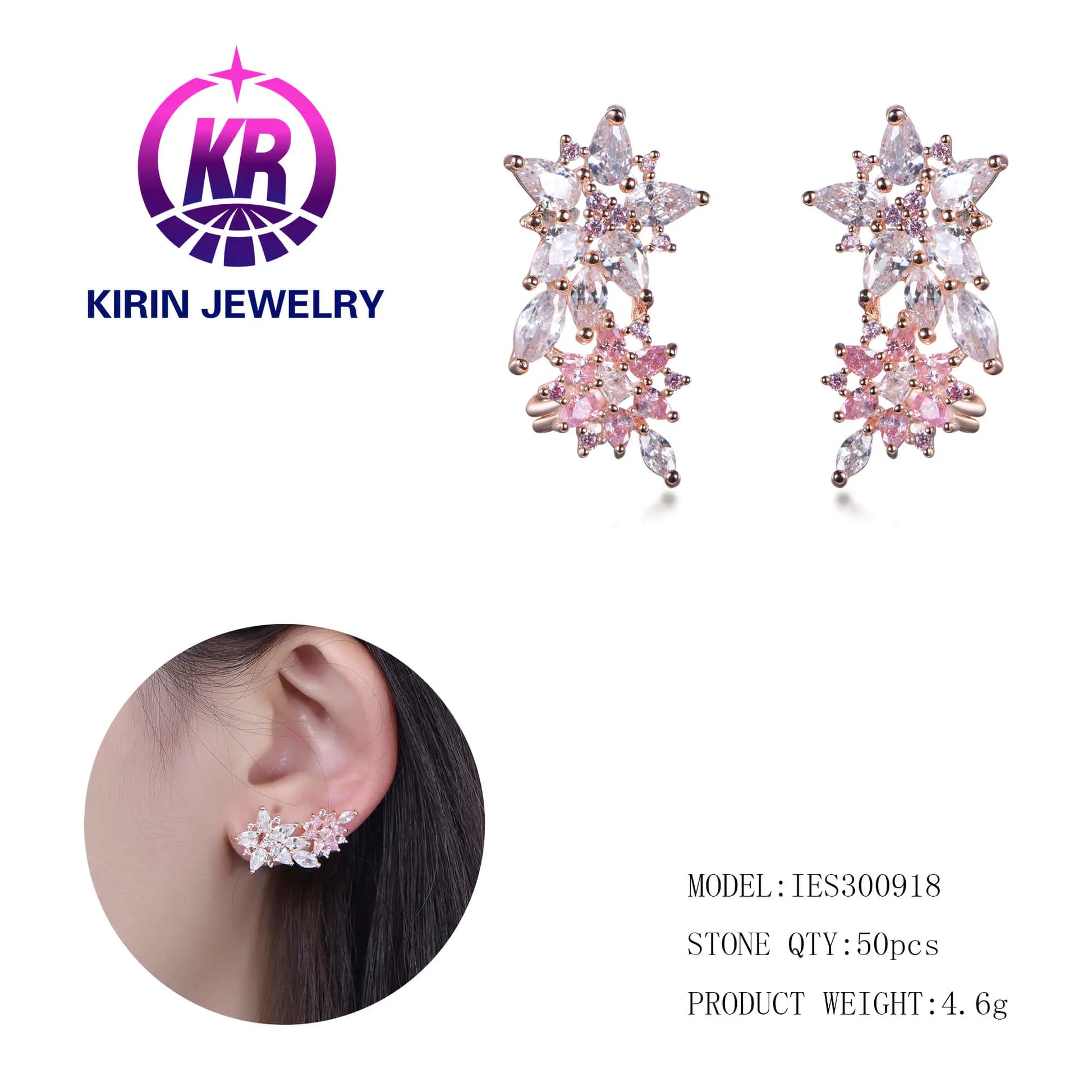 Wholesale Silver Rose Gold Plated Cubic Zircon Climber Leaf Flower Earrings for Women