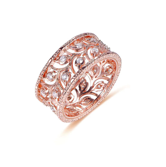 Wholesale Silver Rose Gold Plated Cubic Zircon Hollow Leaf Style Ring