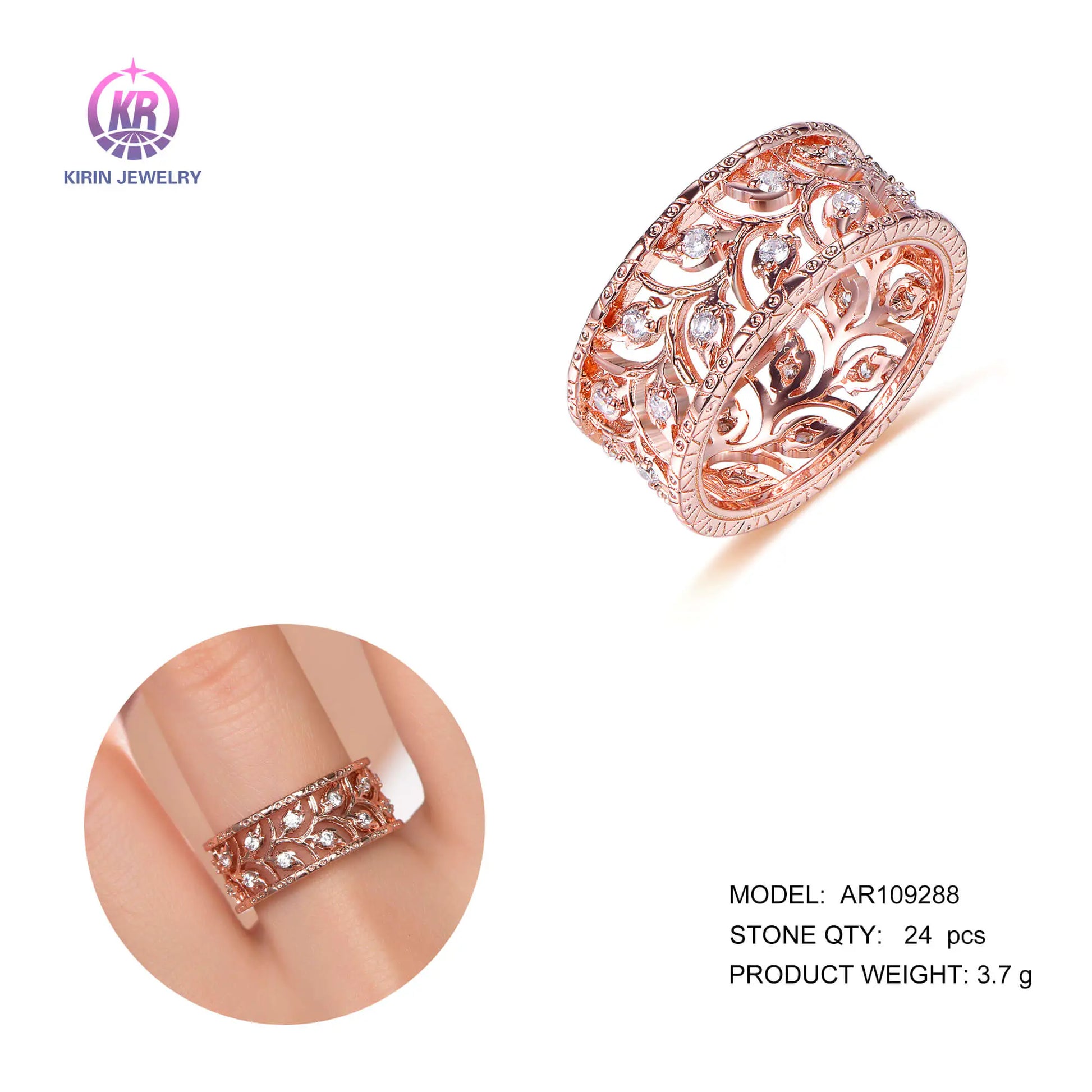 Wholesale Silver Rose Gold Plated Cubic Zircon Hollow Leaf Style Ring for Women