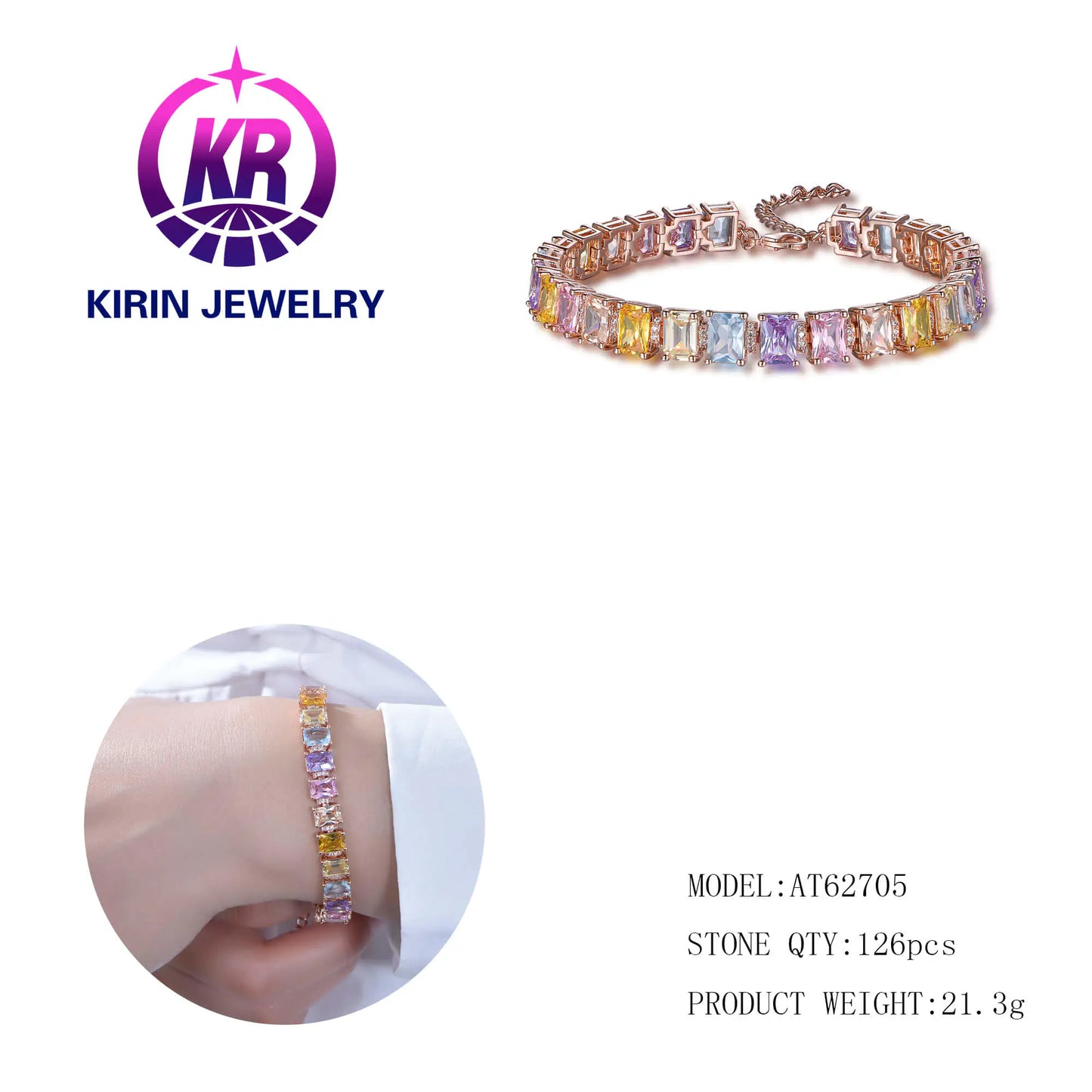 Wholesale Silver Rose Gold Plated Cubic Zircon Multi Gem Tennis Bracelet for Women