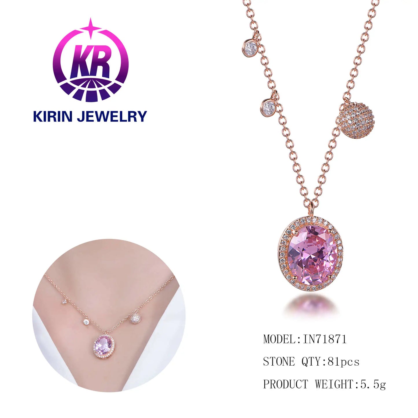 Wholesale Silver Rose Gold Plated Cubic Zircon Oval Cut Halo Pendant Necklace for Women