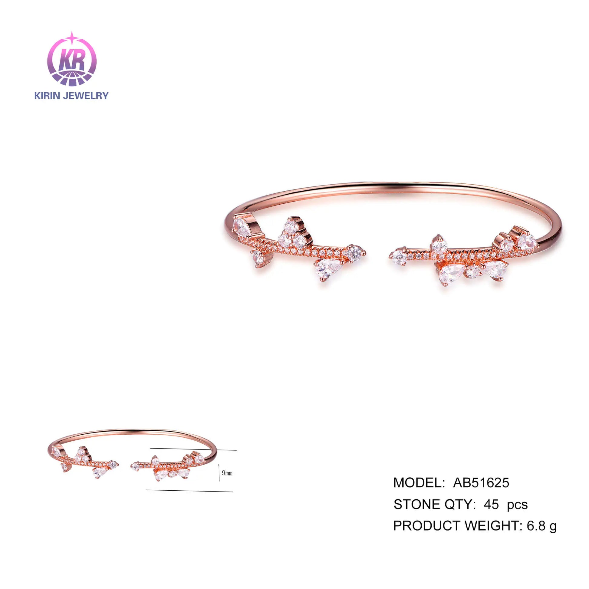 Wholesale Silver Rose Gold Plated Cubic Zircon Personality Open Bangle for Women