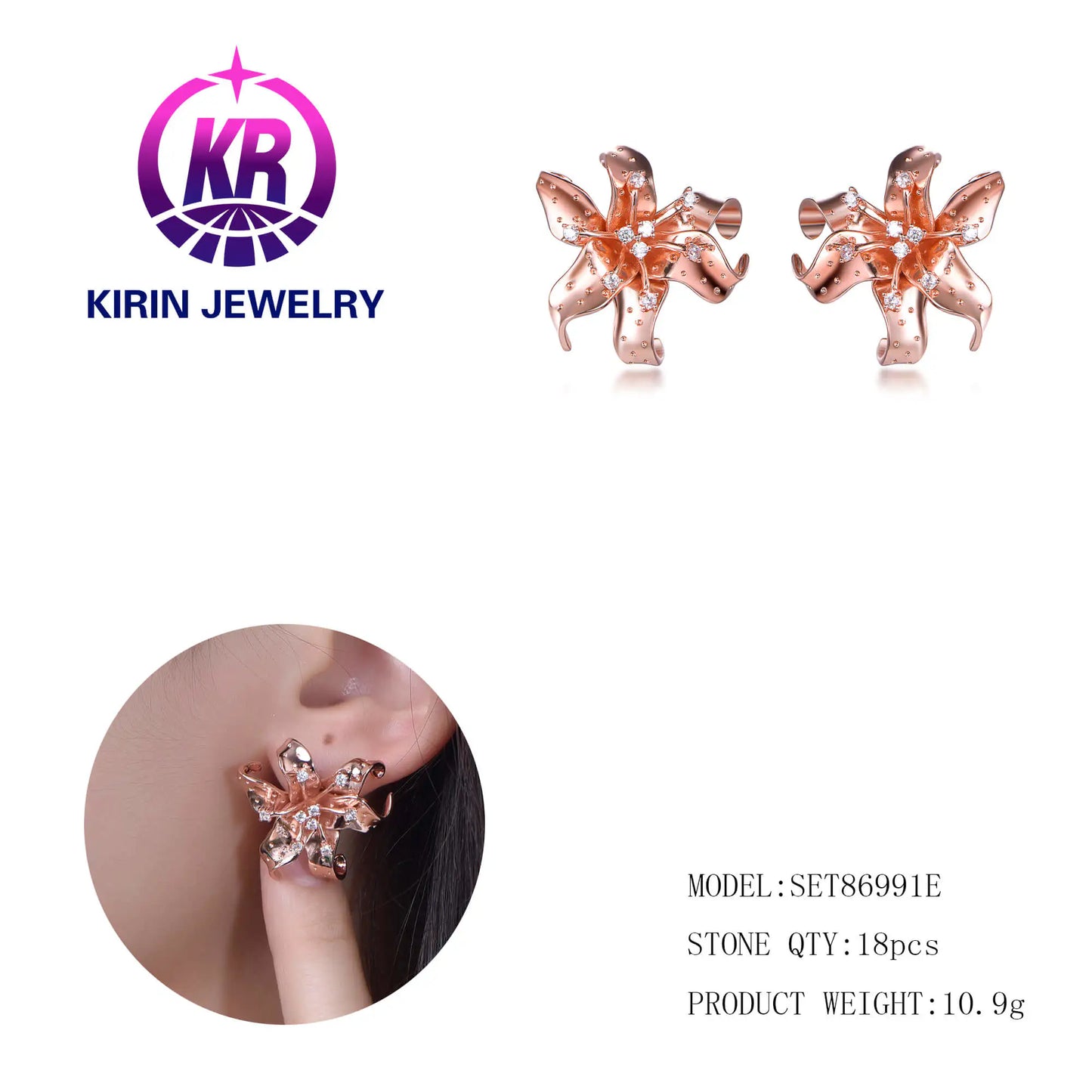 Wholesale Silver Rose Gold Plated Cubic Zircon Statement Flower Stud Earrings for Women