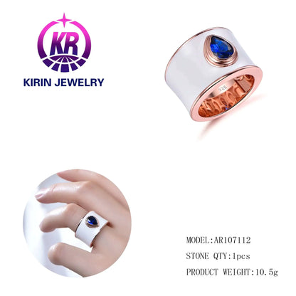 Wholesale Silver Rose Gold Plated Spinel Enamel Pear Blue Sapphire Engagement Ring for Women