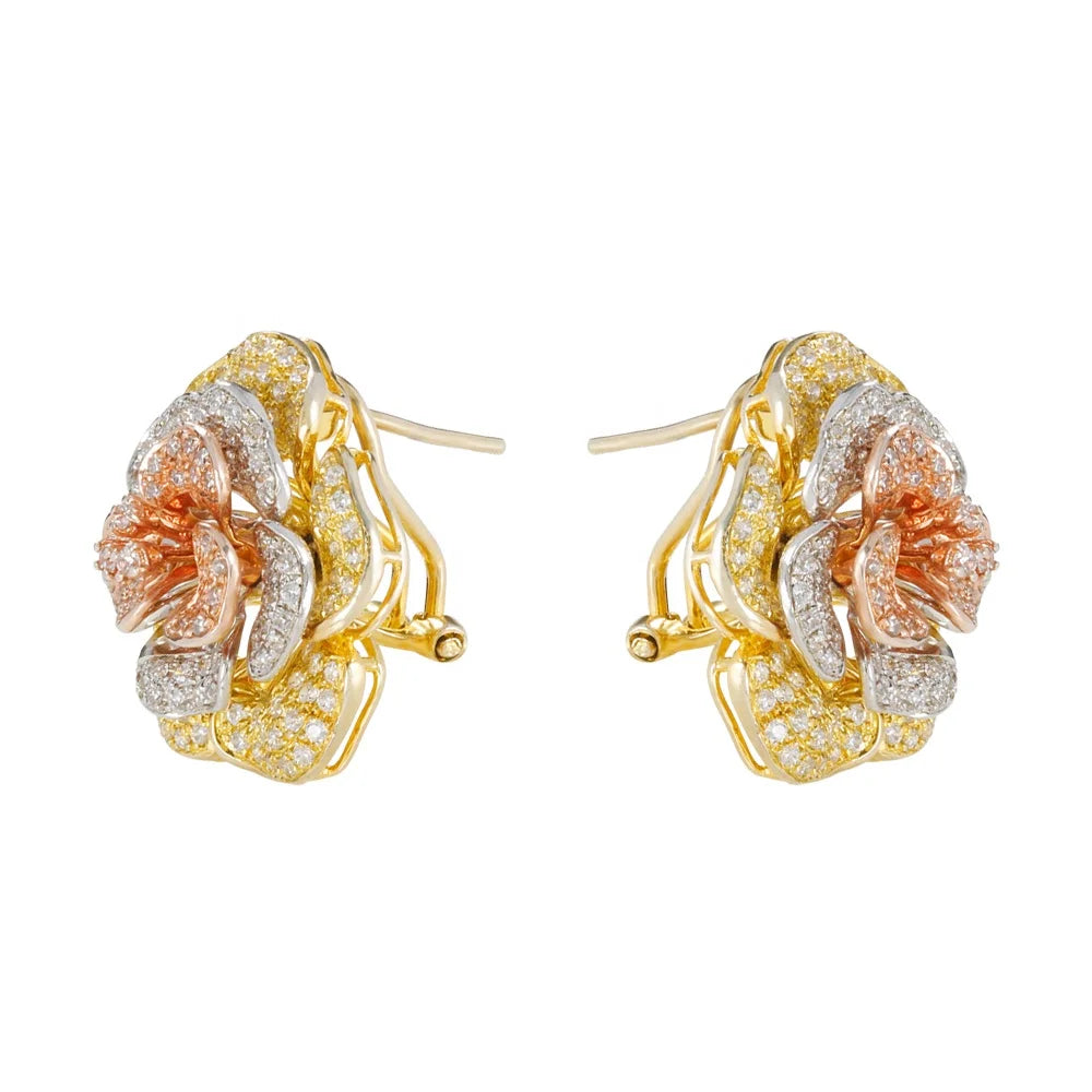 Wholesale Silver Rose Gold & White Gold & Gold Plated CZ Tri-Tone Flower Stud Earrings