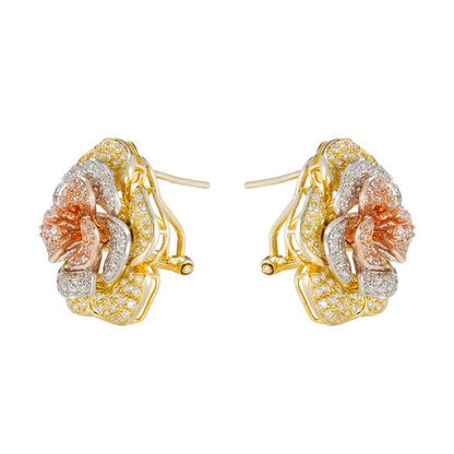 Wholesale Silver Rose Gold & White Gold & Gold Plated CZ Tri-Tone Flower Stud Earrings