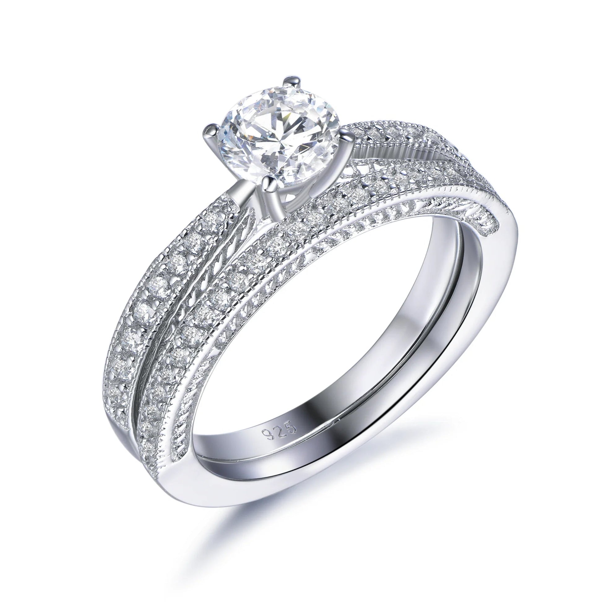 Wholesale Silver Round CZ Double Stackable Two-in-One Engagement Ring Sets
