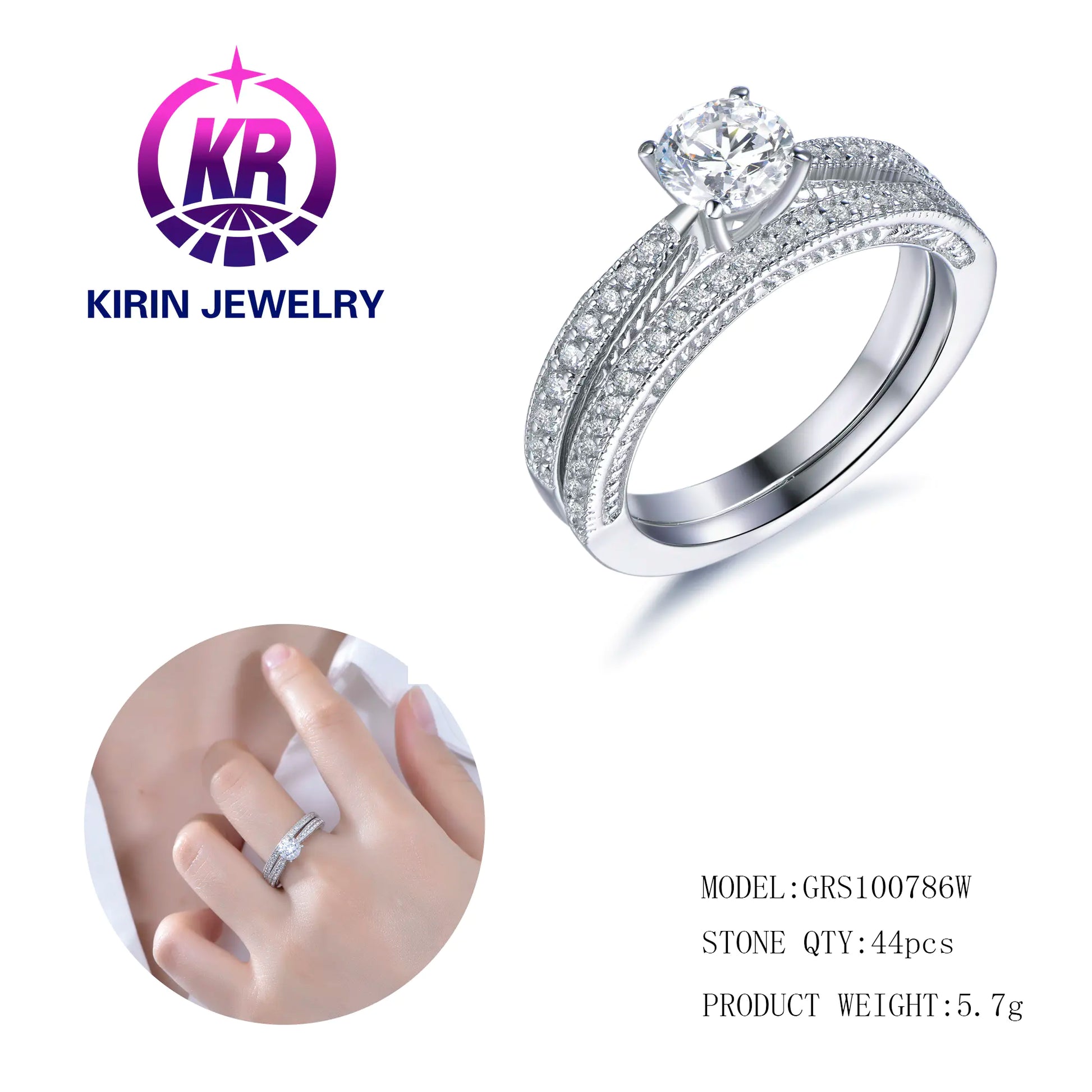 Wholesale Silver Round CZ Double Stackable Two-in-One Engagement Ring Sets for Women