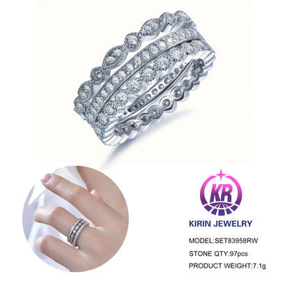Wholesale Silver Round CZ Eternity 3 Stackable Band Engagement Rings Sets for Women