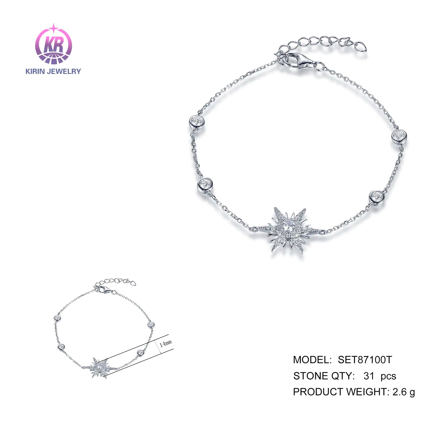 Wholesale Silver Round Cut CZ Adjustable Created Diamond Star Bracelet for Women