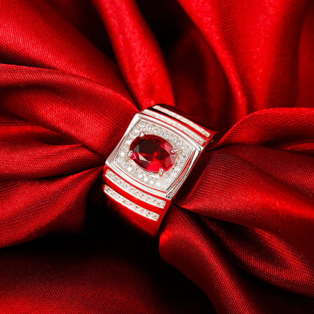 Wholesale Silver Simulated Ruby Chunky Signet Style Engagement Ring