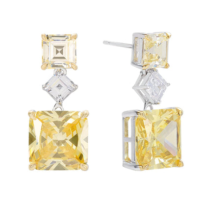 Wholesale Silver Square Cut Yellow and White Cubic Zircon Gemstone Dangle Earrings