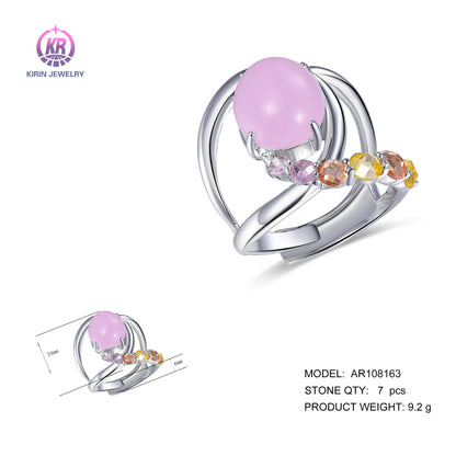 Wholesale Silver Statement Multi Colored CZ Oval Pink Opal Engagement Ring for Women