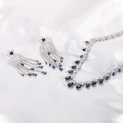 Wholesale Silver Tear-drop Simulated Sapphire Simple Bridal Jewelry Set for Women