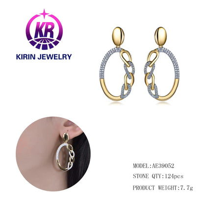 Wholesale Silver White Gold & Gold Plated CZ 2-Tone Dangle Hoop Earring for Women