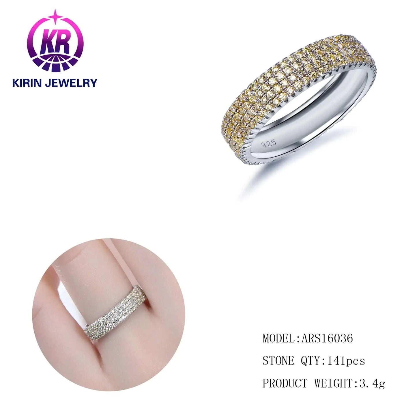 Wholesale Silver Yellow Round Cut CZ 4 Row Micro Pave Engagement Ring for Women