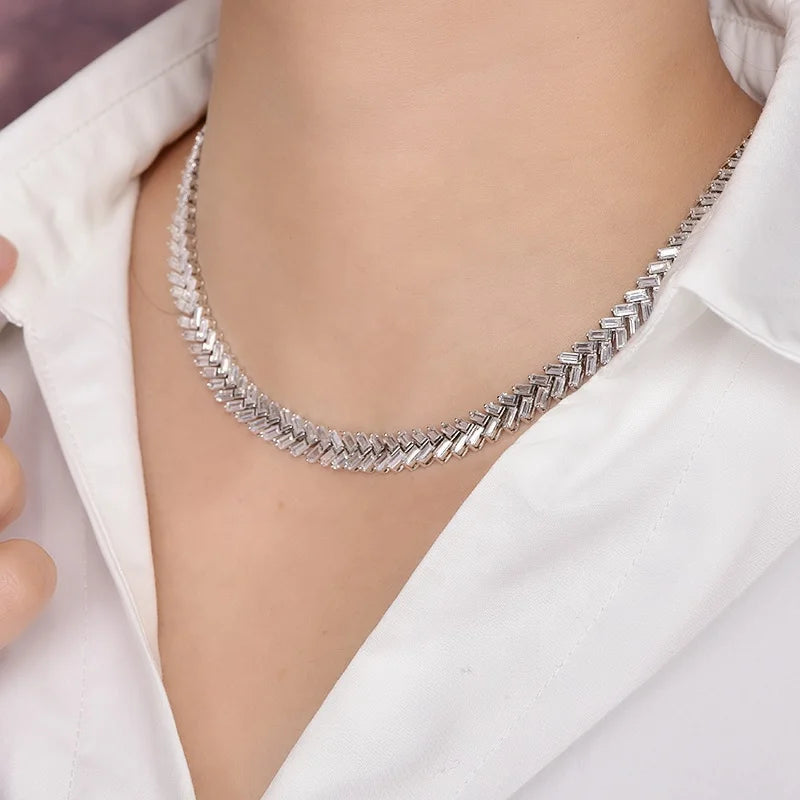 Wholesale fashion necklace Baguette Zircon Diamond Hip Hop Womens CZ Stone Necklace fishbone necklace Women Kirin Jewelry