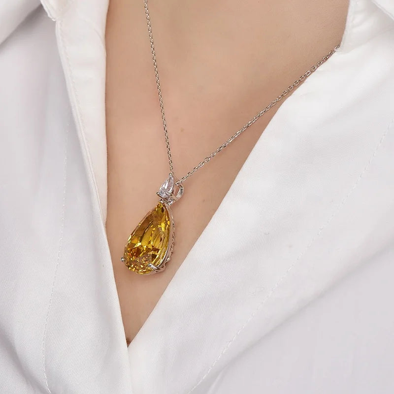 pear cut 5A CZ diamonds pendant white gold diamonds necklace 925 silver canary yellow diamond pendant Kirin Jewelry