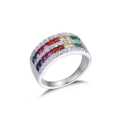 women invisible setting Multi Rainbow Gemstone & Diamond Bands 5 row diamond ring invisible set ring five row diamond rings Kirin Jewelry